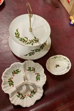 Lot 3 Xmas Lefton Tid-Bit 2 Tier Tray 3 sectional Dessert Nut Candy Dish Candy