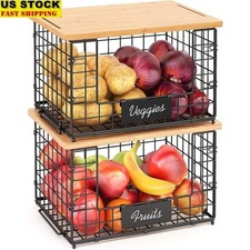 Large Metal Wire Storage Baskets 2-Pack W/ Bamboo Top Kitchen Organization New