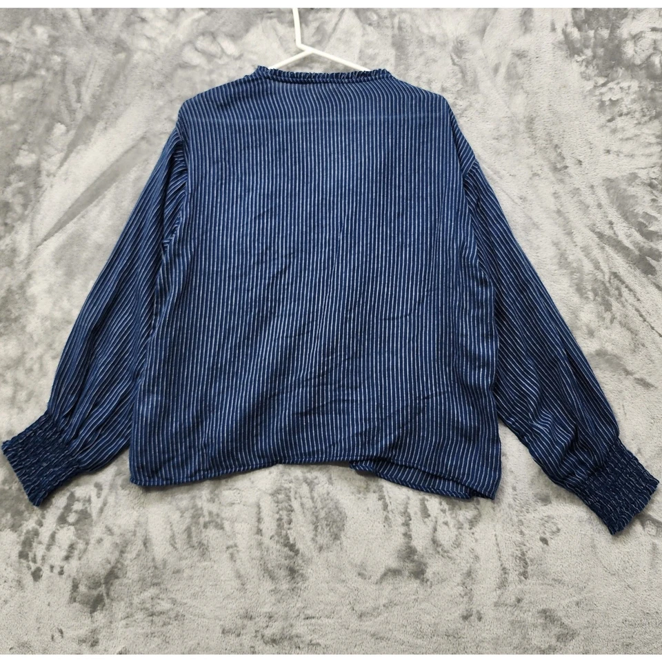 Cleo + Wolf Top Womens M Blue White Striped Long Sleeve Peasant Tie Neck Popover - Image 4 of 4