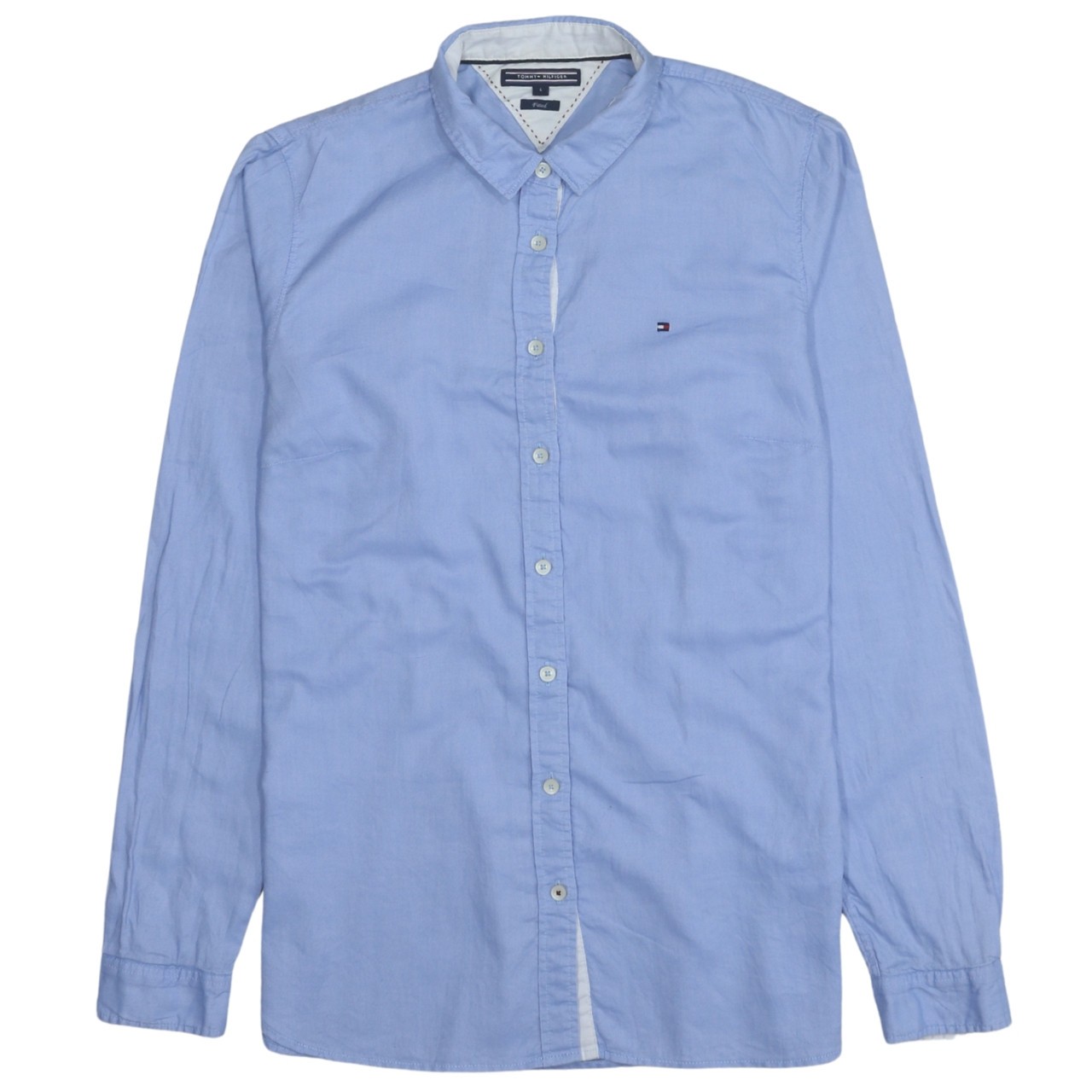 Tommy Hilfiger Mens Shirt Light Blue Cotton Long Sleeve Embroidered Flag Logo S