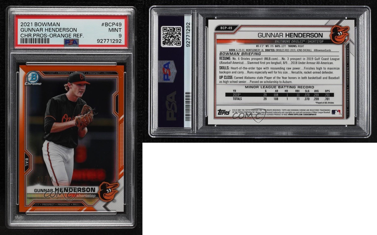 2021 Bowman Chrome Prospects Orange Refractor 13/25 Gunnar Henderson PSA 9 MINT view 3