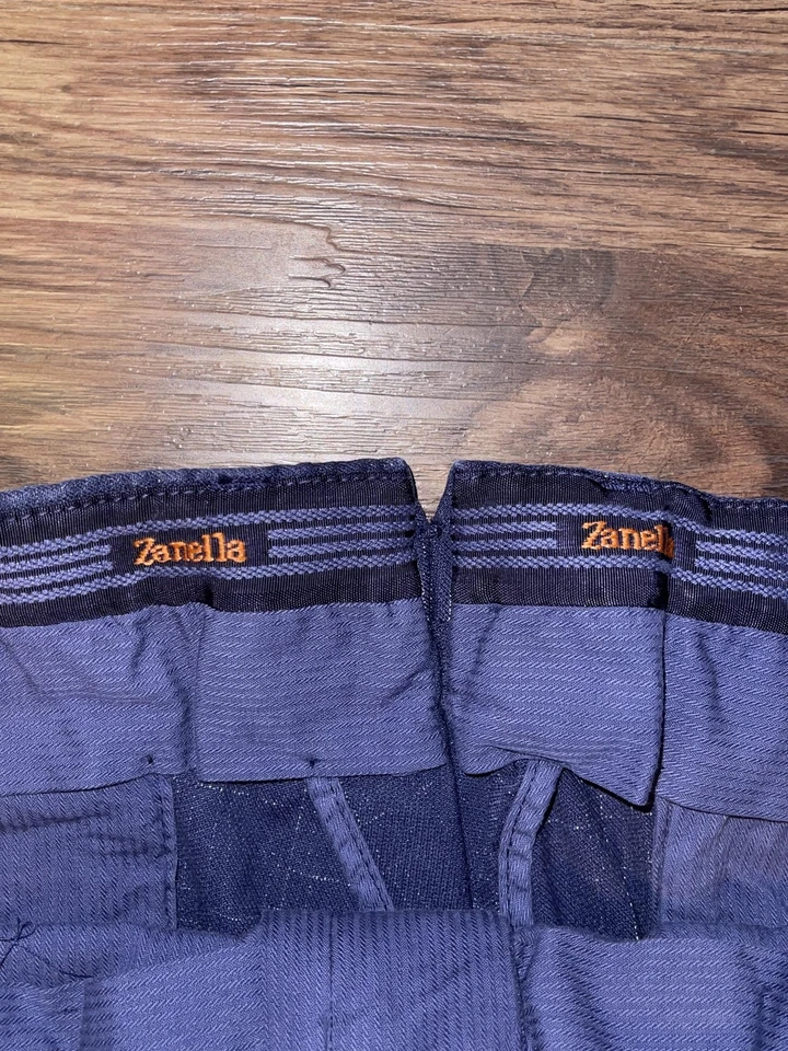 Pantalones de vestir Zanella para hombre 36 azul marino Noah elástico algodón lino frente plano Foto 2 de 4