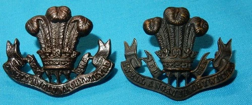 WW1 ERA GENUINE THE WELSH REGIMENT BRONZE OFFICERS COLLAR BADGE PAIR MILITARY