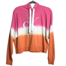 CALVIN KLEIN JEANS Crop Hoodie Ombre Tie Dye Logo Pink Orange Medium