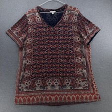 Lucky Brand Shirt Womens 1X Blue Paisley Boho V Neck Short Sleeve Top Tee