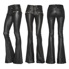 Women Punk Pu Leather Pants Highwaist Bandage Skinny Slim Flared Trousers Party