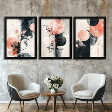 Modern Abstract Art Print Set Of 3 Black Beige Pink Minimalist Botanical Posters