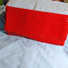 Vintage Red Metallic Mesh Geometric Clutch with Snap Closure, Gold Hardware 1976