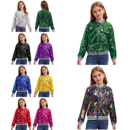 Girls Sequin Bomber Hip Hop Jacket Sparkle Long Sleeve Zipper Baseball Jackets - Picture 6 of 85