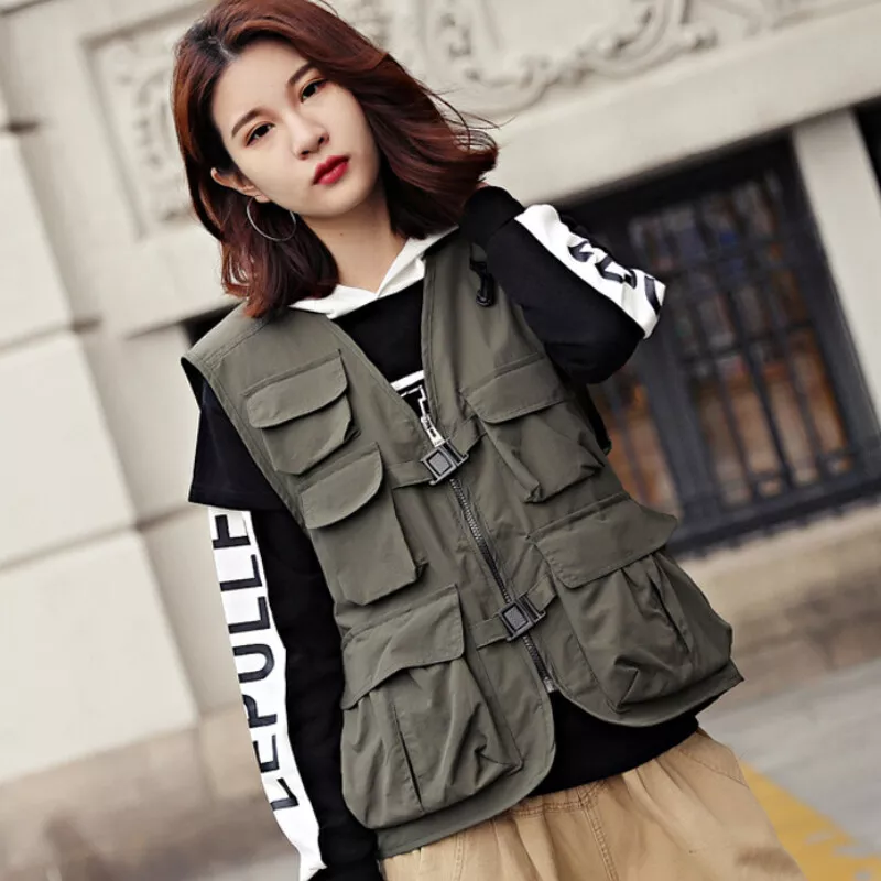 Men Women Cargo Waistcoat Gilet Multi Pocket Sleeveless Jacket