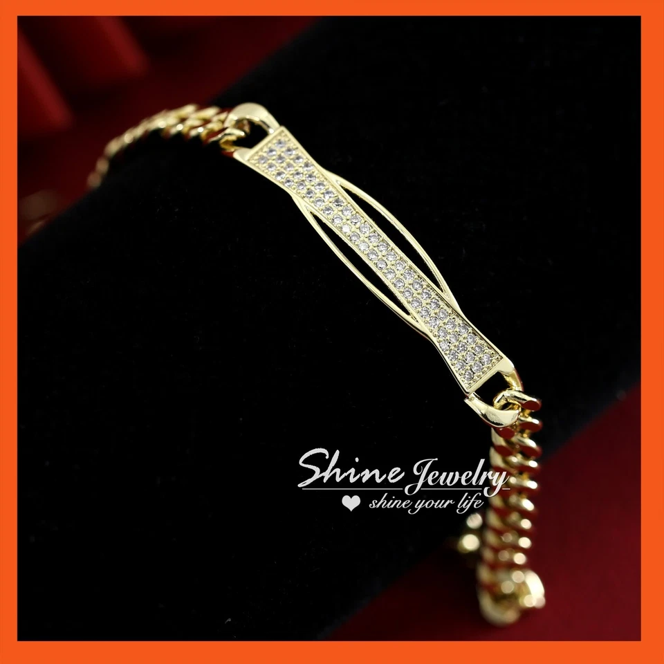 14K YELLOW GOLD FILLED CRYSTAL LINE BAR DIAMOND CUT CURB CHAIN BANGLE BRACELET - Image 2 of 4