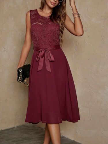 Dresses for Women 2024 Contrast Lace Belted Dress (Color : Burgundy, Size : Smal - Picture 4 of 6