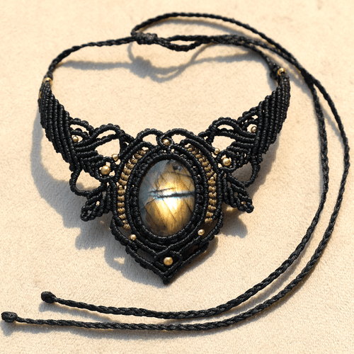 Collana Cristallo Girocollo Micro Macramè Labradorite Naturale Flash Dorato Fatta a Mano - Foto 2 di 10