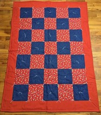 Vtg Handmade Crib / Lap / Throw Checkered Quilt  57" x 43" - Red  Blue Floral