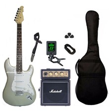Kit Chitarra Elettrica Stratocaster Silver Amplificatore Marshall Ms-2