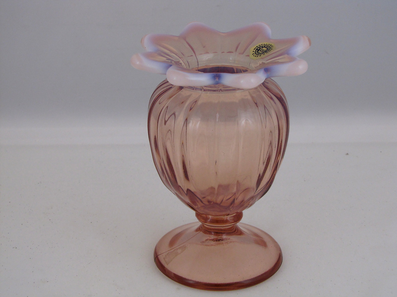 Westmoreland Glass Lotus Pattern Footed Vase w Scalloped Top in Pink Opalescent