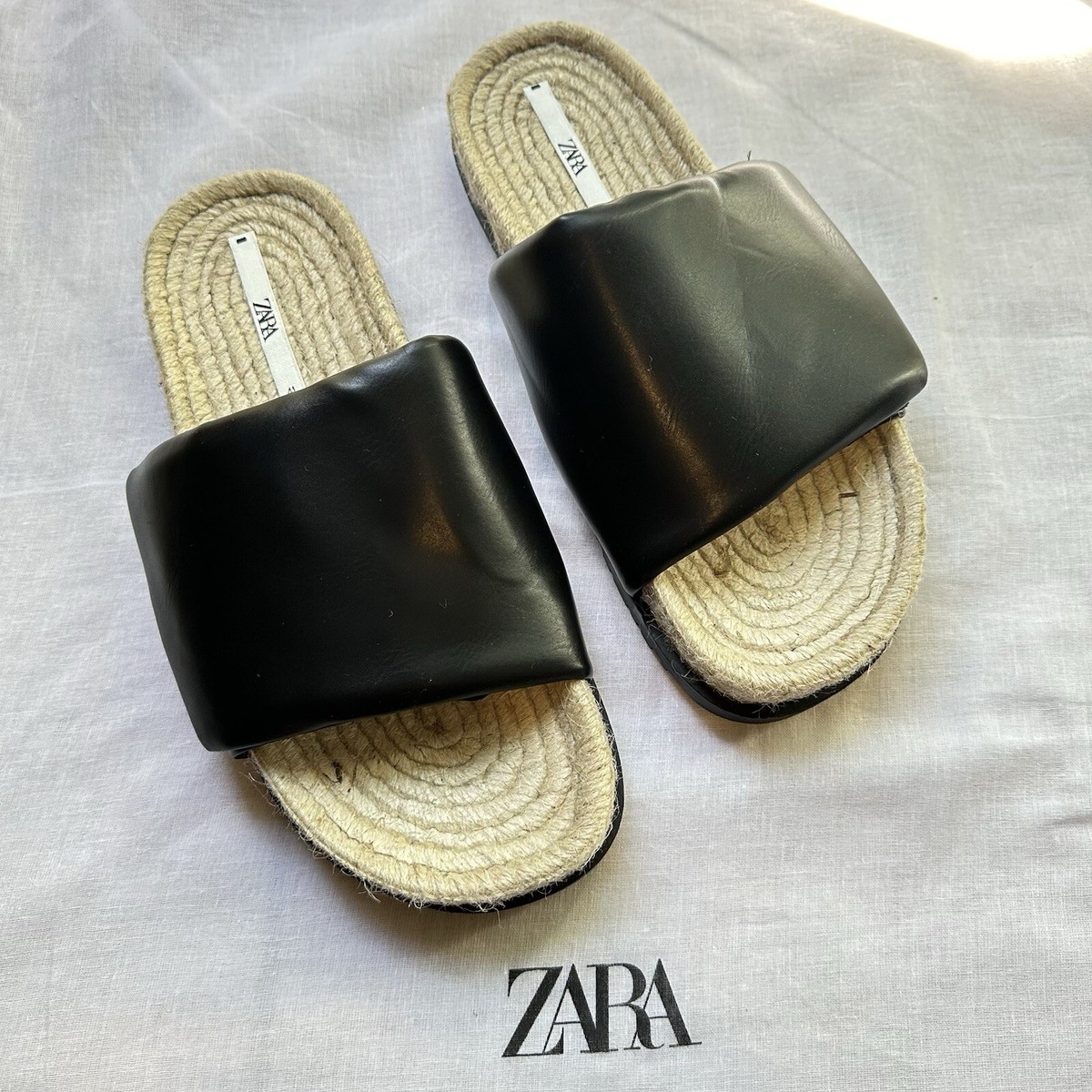 ★ZARA★ TEXTURED FLAT SANDALS New Zara Black Quilted Flat Sandals with Jute 3621/710 Size