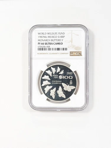 1987 World Wildlife Fund Mexico NGC PF66 Ultra Cam $100 Moneda Monarch Butterfly