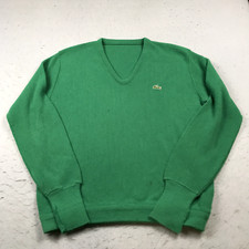 VINTAGE Lacoste Sweater Mens XL Green V Neck Orlon Acrylic Jumper Knit 80s