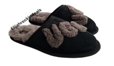 NEW UGG SCUFF WOOL LOGO BLACK SUEDE SHEEPSKIN SLIP-ON SLIPPERS US 9