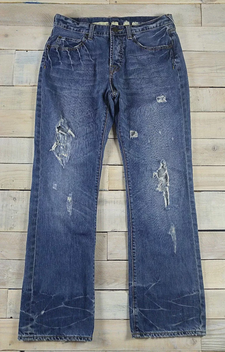 DENIM JUNKIE Men s Bootcut Destroyed Distressed Dark Wash Blue Jeans Size 31x31