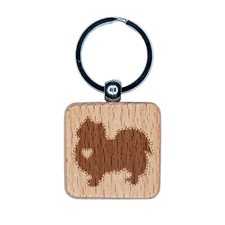 Long Coat Chihuahua Dog with Heart Engraved Wood Square Keychain Tag Charm
