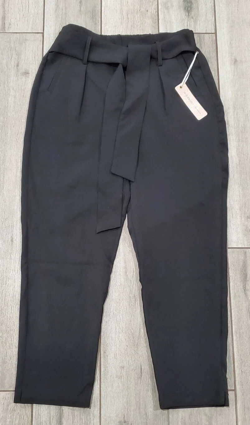 NEW IRIS BASIC Black Straight Leg CAPRI Pants Paper Bag Waist Tie Women, Large