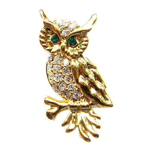 Broche Vintage Chouette/hibou – Métal Argenté Et Strass, XXème, Occasion