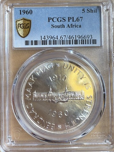 1960 South Africa Silver 5 Shillings, 50th Anniversary, PCGS PL-67 - Afbeelding 2 van 11
