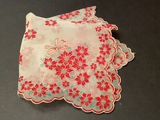 Vintage Holiday Christmas Handkerchief FLOCKED POINSETTIAS Sheer Floral Hankie
