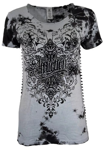 T-shirt Manches Courtes Affliction AW13621 Fawn Creek - Taille L - Bordeau Motif Croix & Ailes - 100% Coton - Neuf Avec étiquette