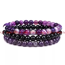 Natural 3 Pcs Amethyst Black Agate 6mm Bead Stretch Bracelet Stack Healing 