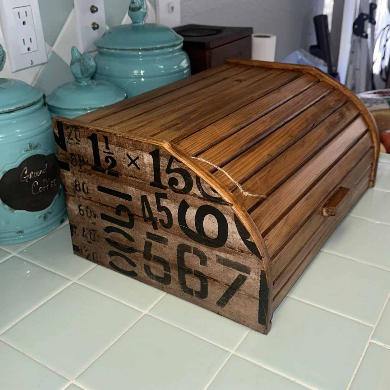 Vintage Wooden Bread Box Roll Top Door Look MCM Kitchen Decor Farmhouse