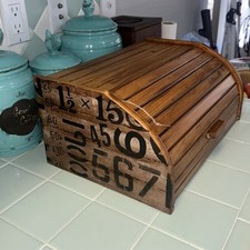 Vintage Wooden Bread Box Roll Top Door Look M...