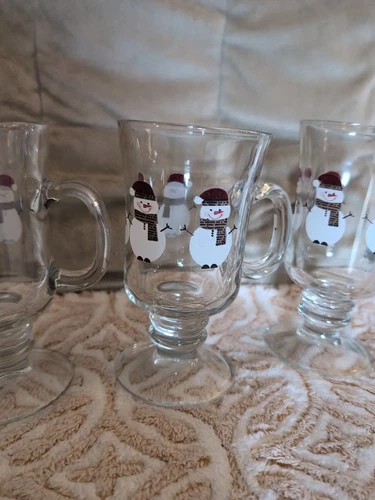 Libbey Clear Christmas Snowmen Glass Pedestal Irish Coffee Mugs Set Of 3