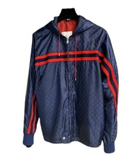 Gucci GG Monogram Jacquard Nyln Windbreaker Rain Jacket Navy/Red US Sz XXL/EU 54