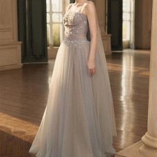 Long Evening Dress Square Neck Applique Beads See Through Tulle Evening Gowns