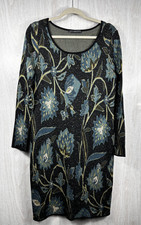 Peruvian Connection Alpaca Cotton Knit Dress L Floral Black Blue Boho