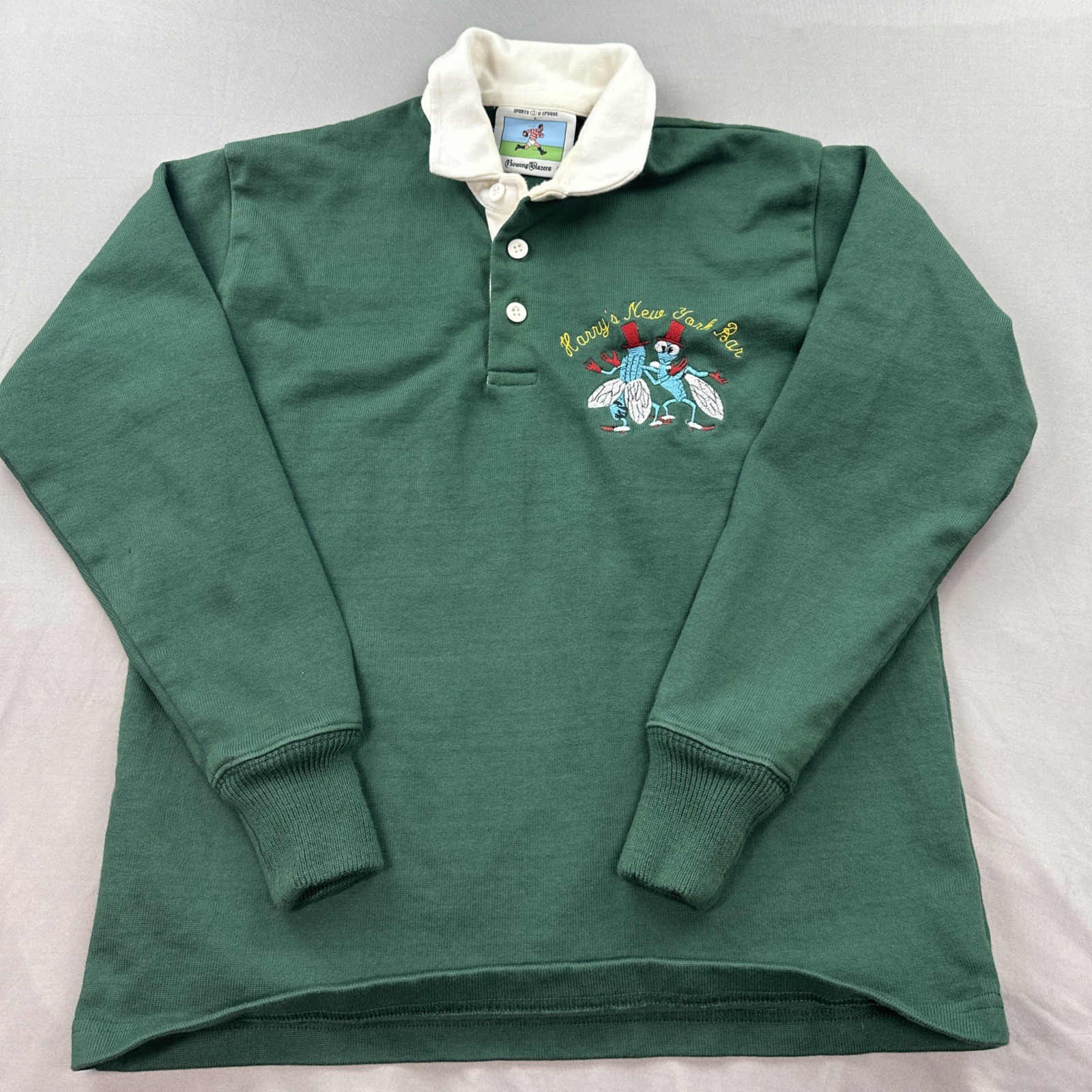 FILA Blazer da canottaggio vintage Harry's New York Bar uomo XS verde pesante maglia rugby