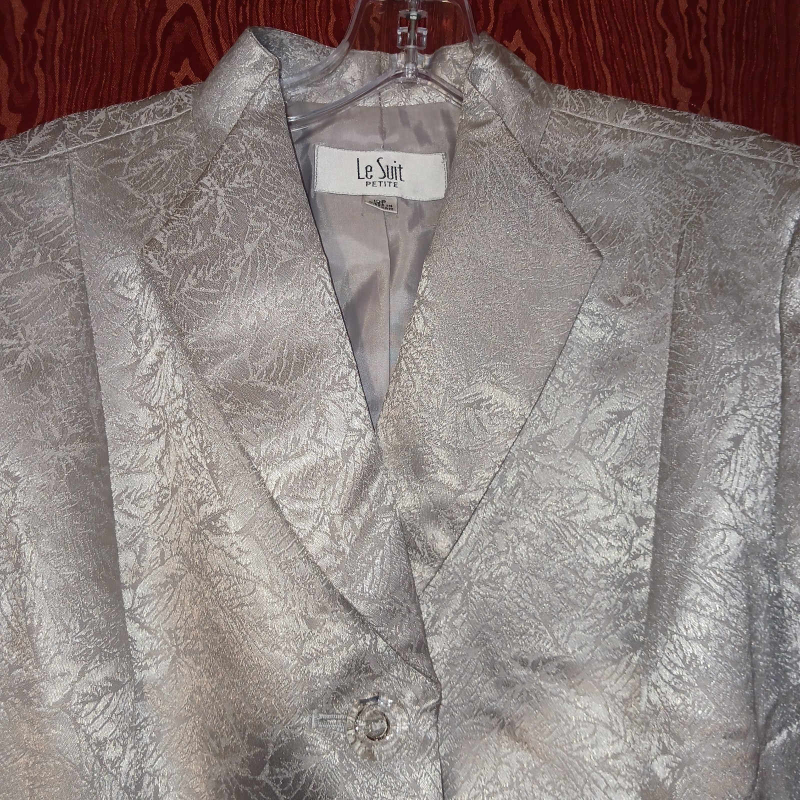 LE SUIT 2 Piece Size 12P Gray Shimmering Silver Collared Clear Button Skirt Set 