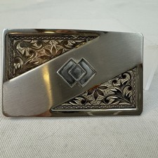 Nickel Silver Western Belt Buckle Engraved Scrollwork Double Diamond Design