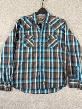 Wrangler Retro Premium Western Shirt Mens L Blue Plaid Pearl Snap Front Cowboy