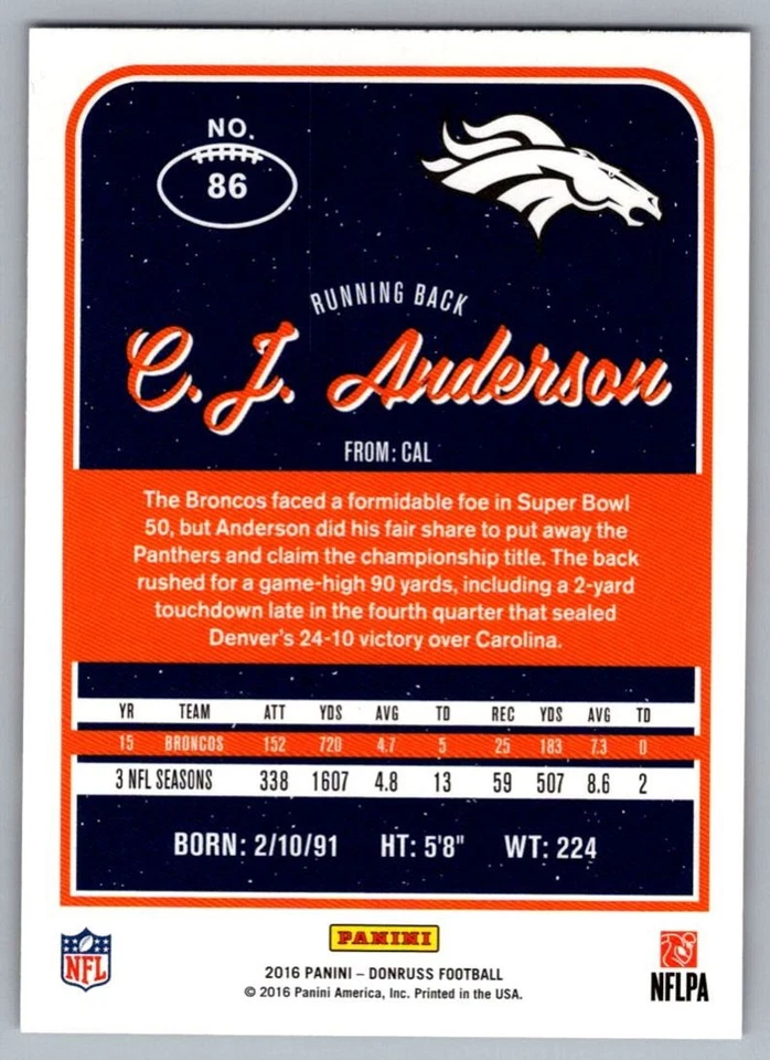 2016 Donruss C.J. Anderson Denver Broncos #86 - Image 2 of 2