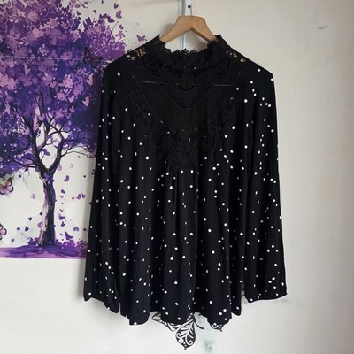 BODYFLIRT Black Polka Dot Lace Yoke Blouse - Size 14 Boho Long Sleeve Vintage