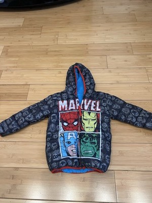 Marvel SUPER HEROS Black Reversible Fleece Puffer Jacket Coat TODDLER BOYS SZ 4T