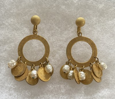 VTG Rare Miriam Haskell Coin Screw Back Dangle Earrings With Faux Baroque Pearls