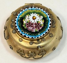 Antique Italian Micro Mosaic & Brass Round Floral Pill Trinket Box