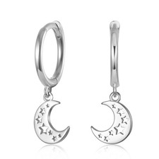 Small Huggie Hoop Earrings with Moon Star Dangle for Women, Sterling Silver Hugg