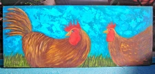 Naive Sweet Folk Farm Art Flirting Rooster Hen Textured Painting Love Birds