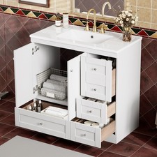 36" Bathroom Vanity w/Ceramic Sink,4 Drawers,Freestanding Vanity 2 Doors Cabinet